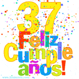 GIF festivo lleno de confeti de colores, el número 37 grande en amarillo y la frase 'Feliz cumpleaños' en letras multicolores y brillantes.