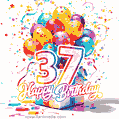 Animated star-shaped confetti, multicolor balloons, and a gift box in a joyful 37th birthday GIF