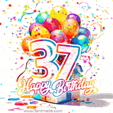 A festive birthday age GIF with animated star confetti, colorful balloons, and a gift box with the number 37. The text reads 'Happy Birthday'.