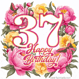 A celebratory GIF image features the animated number '37' and the words 'Happy Birthday!' surrounded by pink and yellow flowers. Two moving butterflies are included in this festive design.