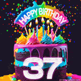 Chocolate cake with cyan layers, pink dressing and a big number 37 adorned with vibrant multicolored frosting, lit candles, and a rainbow topper with text that says 'Happy Birthday'. Animated colorful confetti move behind the cake.