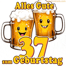 Zwei lustige Bierkrüge mit fröhlichen Gesichtern hüpfen auf und ab. Der Text lautet 'Alles Gute zum 37. Geburtstag'.