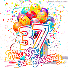 Ein lebendiges Geburtstags-GIF mit bunten Ballons, animiertem Konfetti, der Zahl 37 und den Worten 'Alles Gute zum Geburtstag' in dekorativer Schriftart.