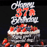 A birthday greeting card image. It features a chocolate cake with berries and the text 'Happy 37th Birthday. Enjoy your special day!'
