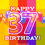 A birthday cake with lit candles is shown with colorful balloons and animated confetti.