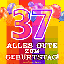 Große Zahl 35 in Umrissschrift, die Worte 'Alles Gute zum 37. Geburtstag', mehrfarbige animierte Ballons und lebendiger Hintergrund.