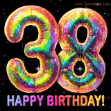 Shiny number 38 birthday celebration balloons with an iridescent glow and glitter on a black background with twinkling stars.