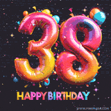 A vibrant age-specific birthday short animation displays the number '38' in shiny balloon-like letters with the words 'Happy Birthday' underneath. The dark background is punctuated with festive stars and balloons.