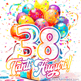 Animazione con palloncini colorati e scintillanti, accompagnata dal numero 38 in caratteri grandi e luminosi, e la scritta 'Tanti Auguri!' in stile vivace.