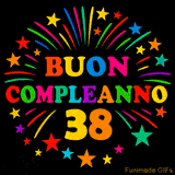 GIF animata 'Buon Compleanno 38' con lettere colorate e fuochi d'artificio