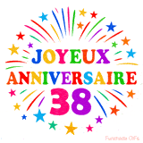 GIF animé joyeux anniversaire 38 ans avec étoiles multicolores et feu d’artifice