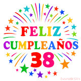 Imagen animada para felicitar los 38 años con letras de colores y diseño festivo.