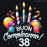 Augura buon compleanno ai 38 anni con questa GIF colorata e festosa: palloncini, stelle e candele per un augurio digitale indimenticabile