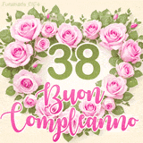 GIF per il 38° compleanno con un cuore di rose rosa e scritta elegante