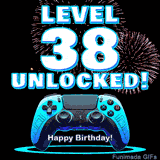 Animated GIF for a 38 birthday. The text 'Level 38 Unlocked!' and 'Happy Birthday!' are displayed over a blue video game controller with exploding fireworks in the background.