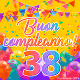 Un GIF animato per un 38° compleanno, Presenta il testo 'Buon Compleanno 38' su uno sfondo giallo vivo con palloncini colorati, festoni e una pioggia di coriandoli.