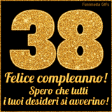 Un GIF animato per un 38° compleanno, Presenta il testo 'Buon Compleanno 38' su uno sfondo giallo vivo con palloncini colorati, festoni e una pioggia di coriandoli.