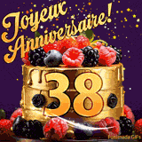 Une animation de célébration d'un gâteau de 38ème anniversaire, Des étoiles dorées tombent du ciel, mettant en valeur le texte 'Joyeux Anniversaire !' et le nombre doré 38 à l'avant du gâteau.