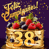 Una animación de celebración de una tarta para el 38º cumpleaños, Estrellas doradas caen del cielo, destacando el texto '¡Feliz Cumpleaños!' y el número dorado 38 en la tarta.