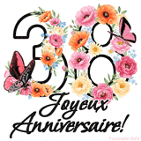 Ce GIF de Joyeux 38ème Anniversaire présente le nombre vingt rempli d'un bouquet vibrant de fleurs animées, avec des papillons qui bougent doucement sur un fond blanc.