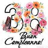 Questo GIF di Buon 38° Compleanno mostra il numero venti riempito con un vibrante bouquet di fiori animati, con farfalle che si muovono dolcemente su uno sfondo bianco.