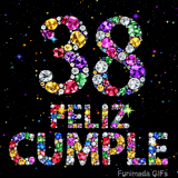 La frase FELIZ CUMPLE y el número 38 se componen de luminosas gemas multicolores, dispuestas sobre un fondo negro salpicado de destellos.