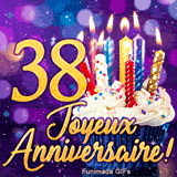 GIF Joyeux Anniversaire 38 ans illustrant un cupcake féerique avec bougies et le chiffre 38 doré sur fond étoilé.