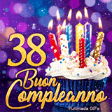 GIF di Buon Compleanno 38 anni con un cupcake magico, candele e il numero 38 dorato su sfondo brillante.