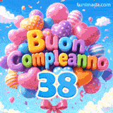 Il numero azzurro 38 pende sotto un grappolo di palloncini animati. Le lettere 3D formano Buon Compleanno al centro dell'immagine.
