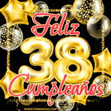 A large of balloons in various shapes, sizes, and colors with the words 'Happy Birthday' and a number 38