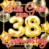 A vibrant greeting card featuring colorful balloons in the background with the large number '38' and the words 'Happy Birthday!' in glowing, bold text