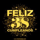 GIF animado con un diseño dorado, mostrando el número 38 rodeado de fuegos artificiales y luces que resaltan una atmósfera festiva y vibrante.