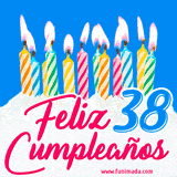 Animación de un pastel decorado con velas coloridas y encendidas, el número 38 destacado en azul y la frase 'Feliz cumpleaños' en letras estilizadas.