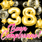 Animazione con palloncini dorati a forma del numero 38, circondati da decorazioni scintillanti e la scritta 'Buon Compleanno!' in caratteri rosa accattivanti.