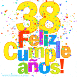 GIF festivo lleno de confeti de colores, el número 38 grande en amarillo y la frase 'Feliz cumpleaños' en letras multicolores y brillantes.