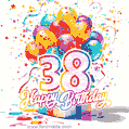 Animated star-shaped confetti, multicolor balloons, and a gift box in a joyful 38th birthday GIF