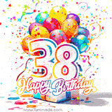 A festive birthday age GIF with animated star confetti, colorful balloons, and a gift box with the number 38. The text reads 'Happy Birthday'.