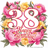 A celebratory GIF image features the animated number '38' and the words 'Happy Birthday!' surrounded by pink and yellow flowers. Two moving butterflies are included in this festive design.