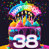 Chocolate cake with cyan layers, pink dressing and a big number 38 adorned with vibrant multicolored frosting, lit candles, and a rainbow topper with text that says 'Happy Birthday'. Animated colorful confetti move behind the cake.