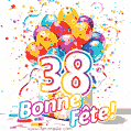 Des confettis animés, des ballons multicolores et un coffret cadeau dans un joyeux GIF de 38e anniversaire