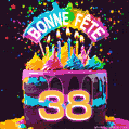 Gâteau au chocolat avec le numéro 38 orné d'un glaçage vibrant, de bougies et d'une décoration arc-en-ciel