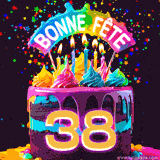 GIF animé pour un 38e anniversaire avec un gâteau au chocolat recouvert de glaçage arc-en-ciel, des bougies allumées, et le texte 'Bonne Fête' sur un fond étoilé et festif.