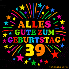 Animiertes GIF 'Alles Gute zum Geburtstag 39 mit bunten Buchstaben und leuchtenden Sternen