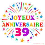 GIF animé joyeux anniversaire 39 ans avec étoiles multicolores et feu d’artifice