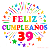 Imagen animada para felicitar los 39 años con letras de colores y diseño festivo.