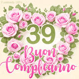 GIF per il 39° compleanno con un cuore di rose rosa e scritta elegante