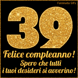 Un GIF animato per un 39° compleanno, Presenta il testo 'Buon Compleanno 39' su uno sfondo giallo vivo con palloncini colorati, festoni e una pioggia di coriandoli.