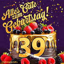 Eine köstlich aussehende animierte Geburtstagskarte für den 39. Geburtstag, dekoriert mit Erdbeeren, Blaubeeren und goldenen Details, Sterne funkeln und fallen, mit 'Alles Gute zum Geburtstag!'-Text.