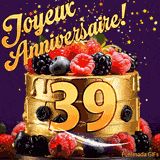 Une animation de célébration d'un gâteau de 39ème anniversaire, Des étoiles dorées tombent du ciel, mettant en valeur le texte 'Joyeux Anniversaire !' et le nombre doré 39 à l'avant du gâteau.