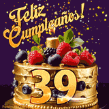 Una animación de celebración de una tarta para el 39º cumpleaños, Estrellas doradas caen del cielo, destacando el texto '¡Feliz Cumpleaños!' y el número dorado 39 en la tarta.